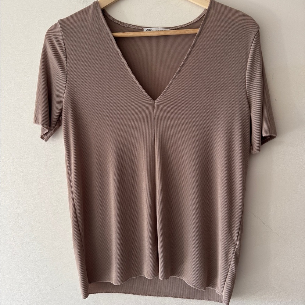 Zara Ribbed Basic Brown‎ Taupe V Neck Top
